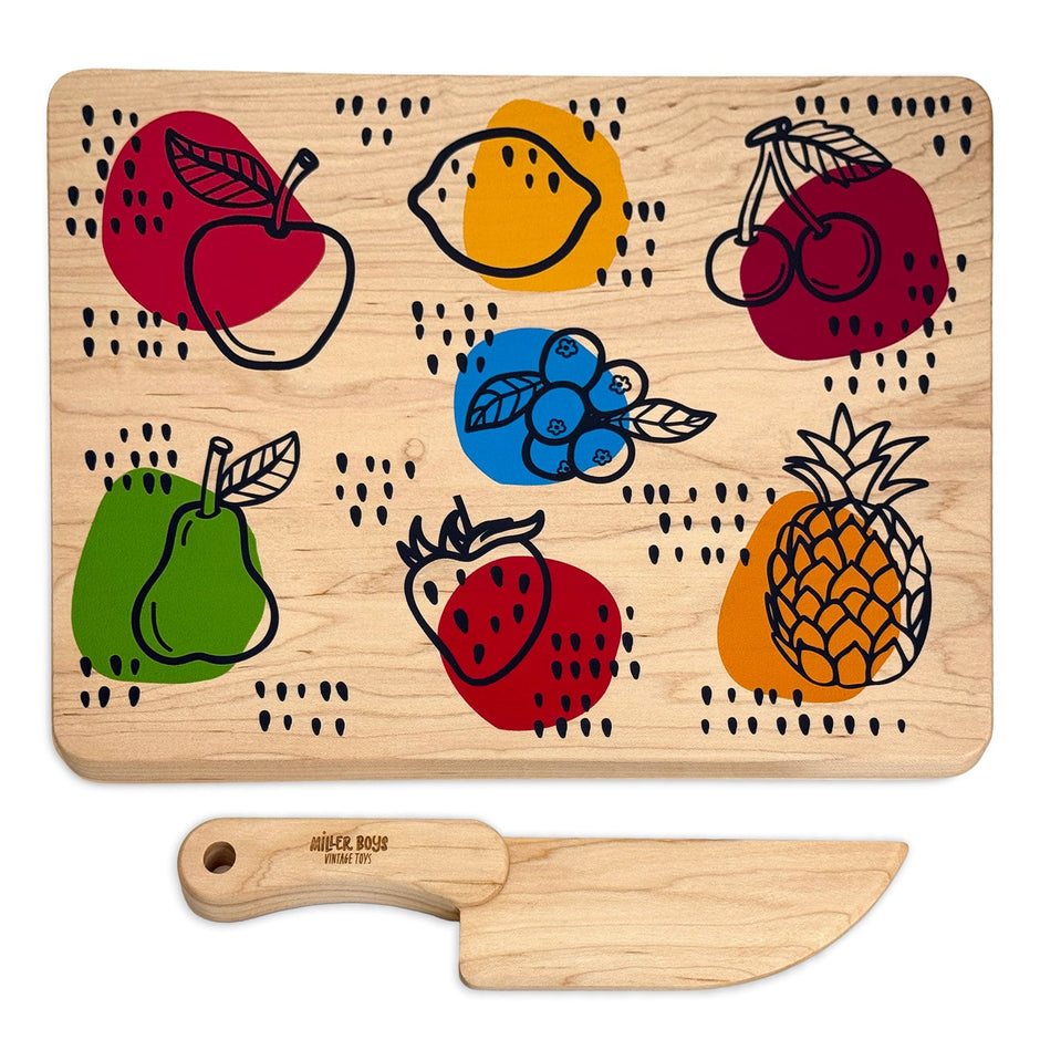 Kid's Chef-in-Training Fruit Wooden Cutting Board with Handcrafted Wooden Knife