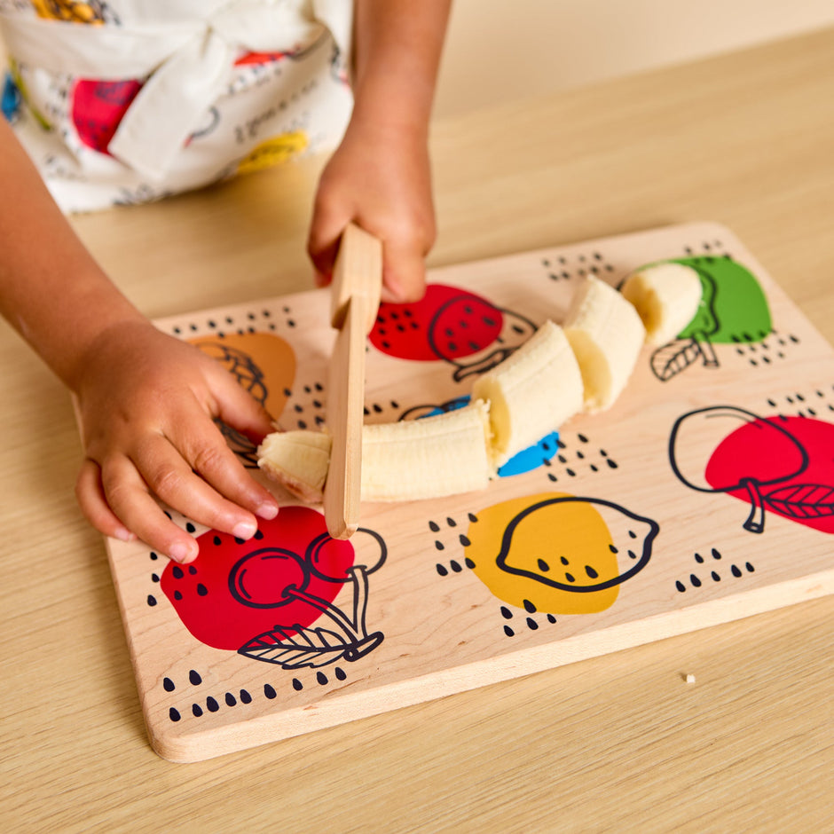 Kid's Chef-in-Training Fruit Wooden Cutting Board with Handcrafted Wooden Knife