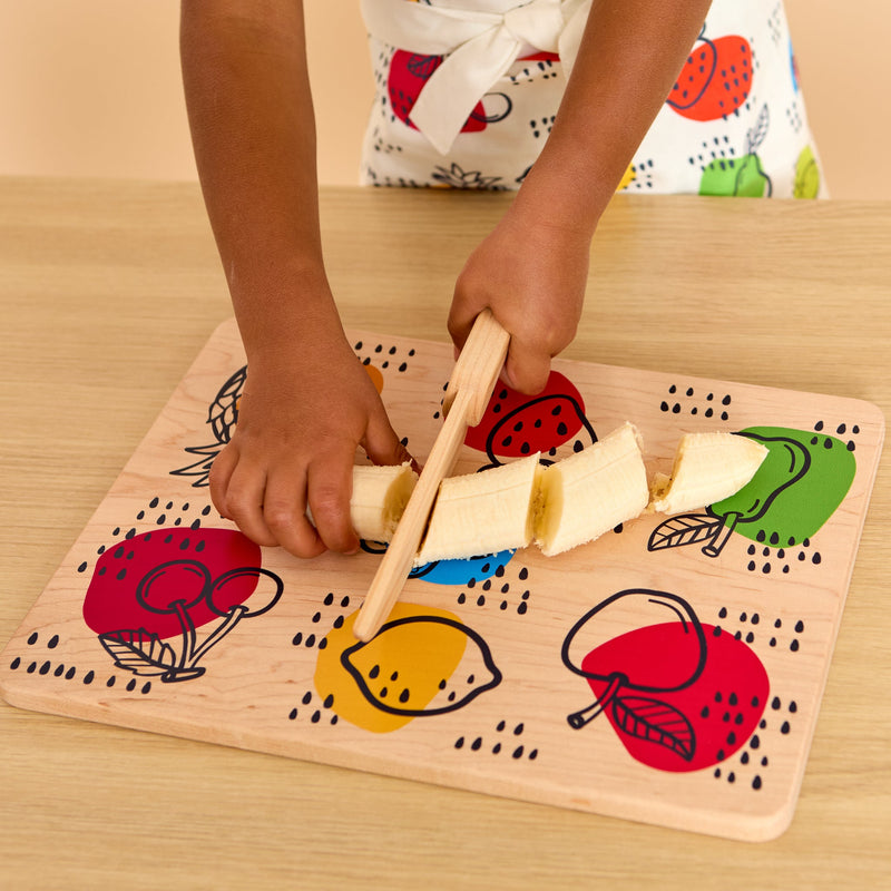 Kid's Chef-in-Training Fruit Wooden Cutting Board with Handcrafted Wooden Knife-zoom-