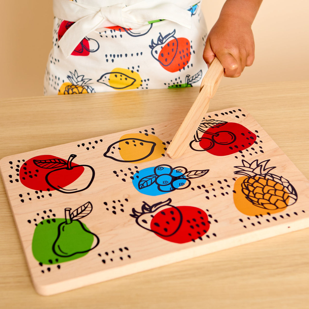 Kid's Chef-in-Training Fruit Wooden Cutting Board with Handcrafted Wooden Knife - Aware House - Miller Boys Vintage Toys -
