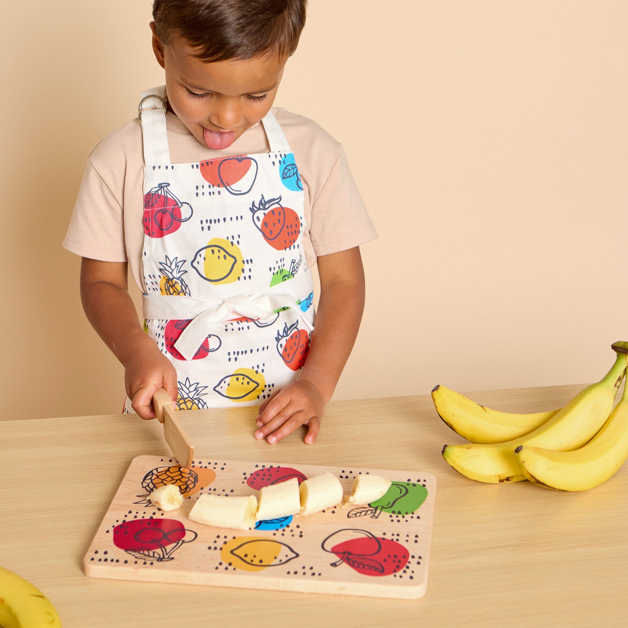 Kid's Chef-in-Training Fruit Wooden Cutting Board with Handcrafted Wooden Knife - Aware House - Miller Boys Vintage Toys -
