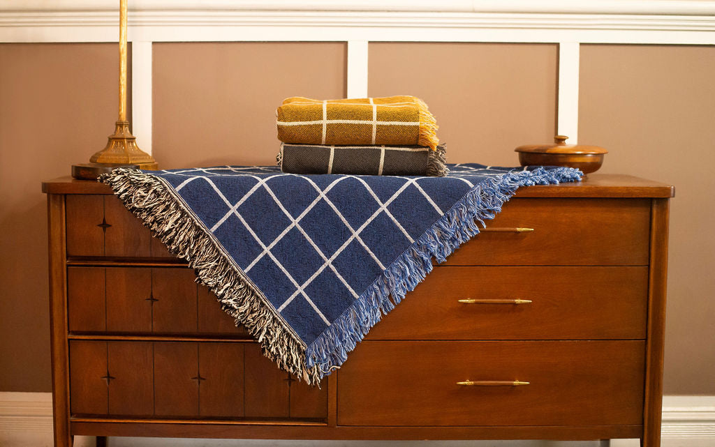 Greer — Lapis Colorway - Reversible Woven Blanket with Fringe-2