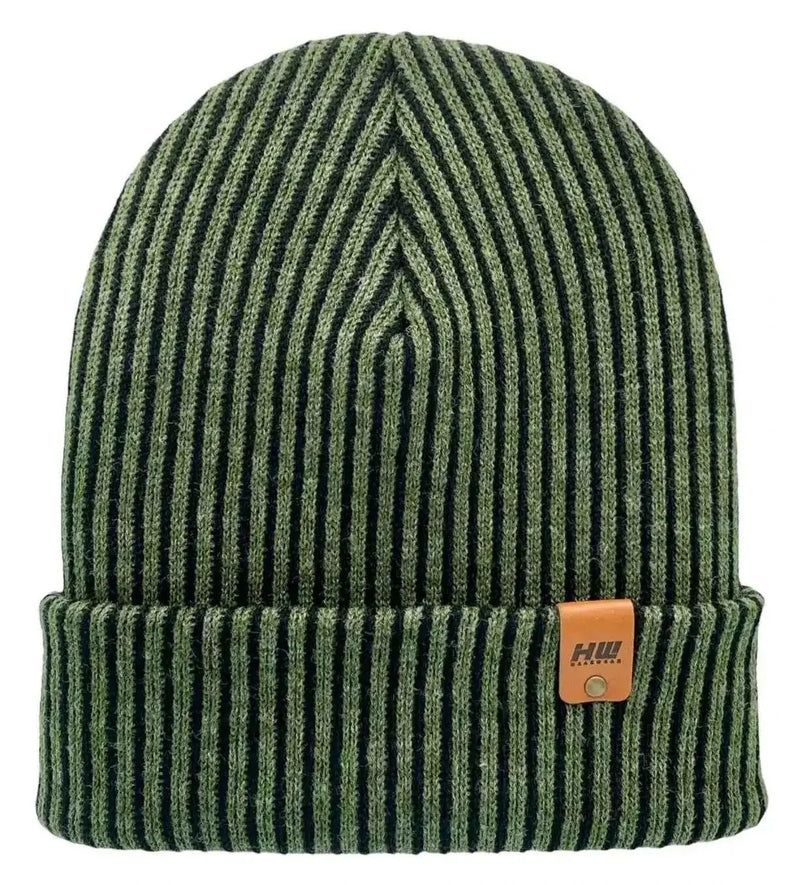 Cuffed Wide Ribbed Striped Beanie, Contrast, Black and Green, Classic Beanie-zoom-