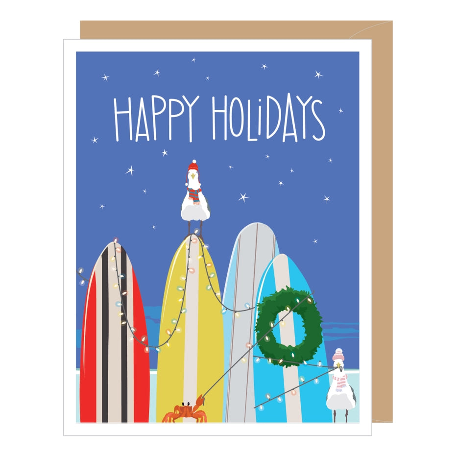 Holiday Surfboards On Beach Christmas Card