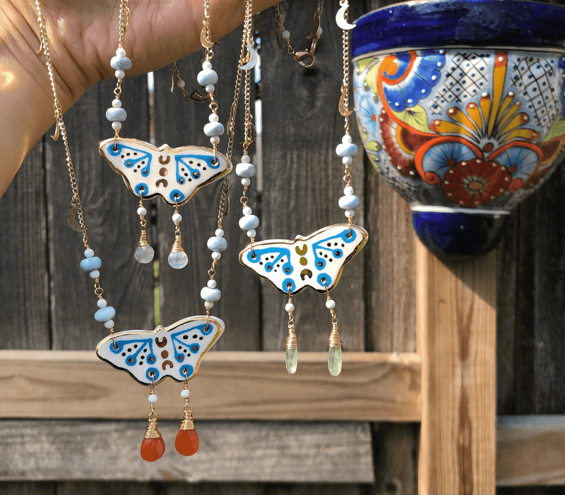 Celestial Ceramic Moth and Larimar Necklace-zoom-