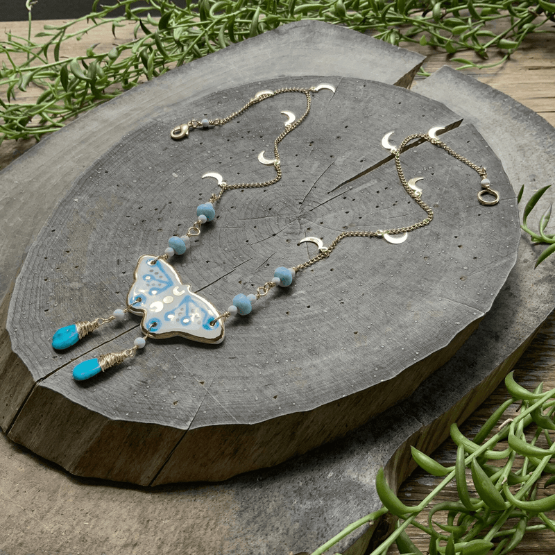 Celestial Ceramic Moth and Larimar Necklace-zoom-