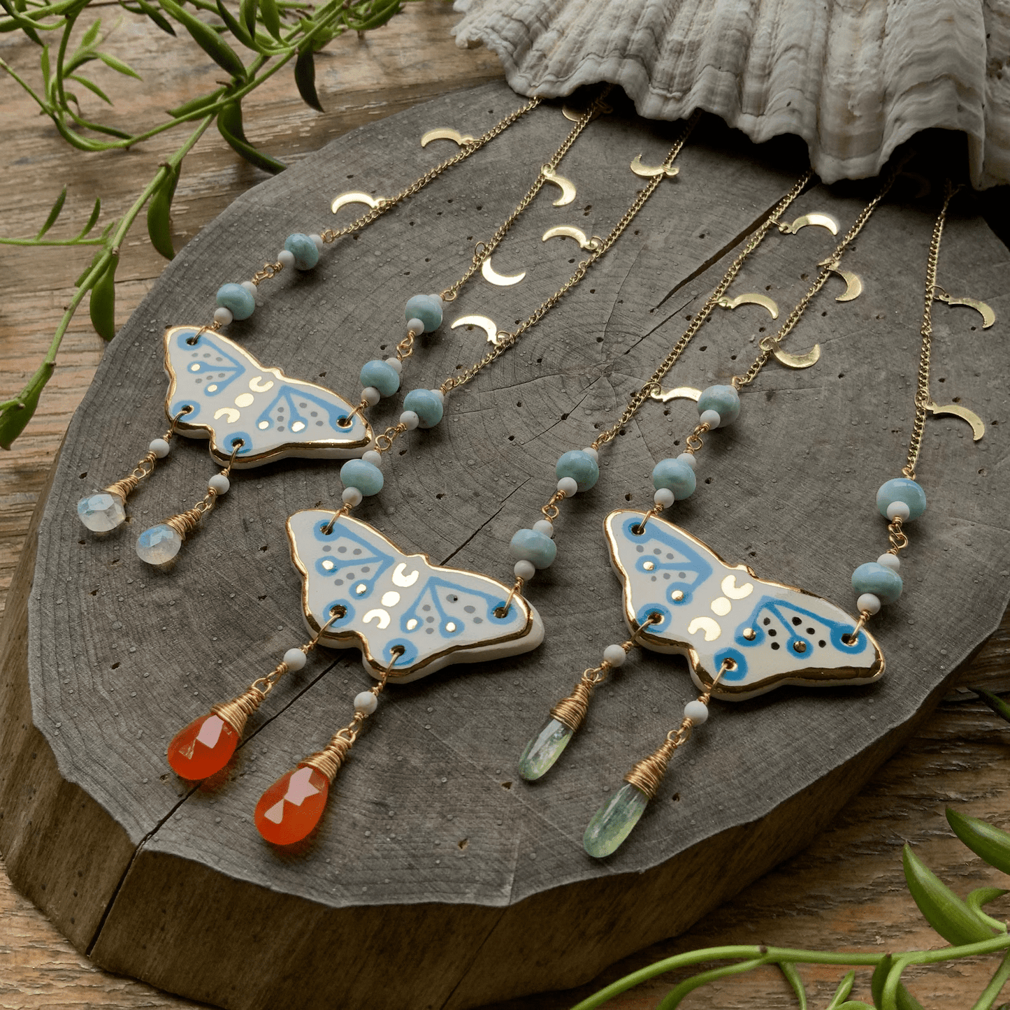 Celestial Ceramic Moth and Larimar Necklace