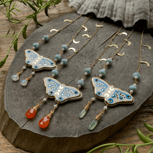 Celestial Ceramic Moth and Larimar Necklace