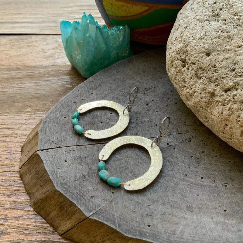 Turquoise Hammered Brass Arch Earrings-zoom-