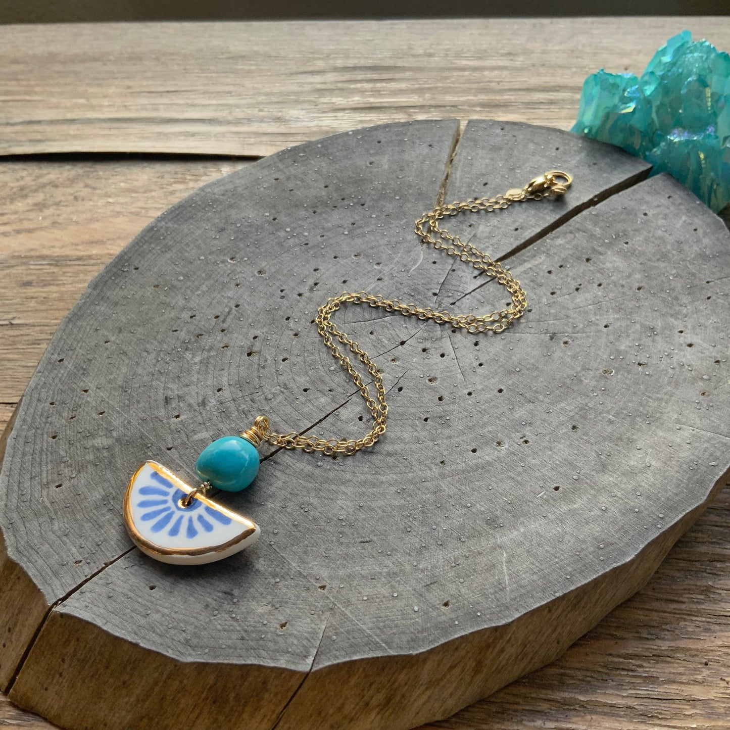 Ceramic Folk Flower and Genuine Turquoise Charm Necklace