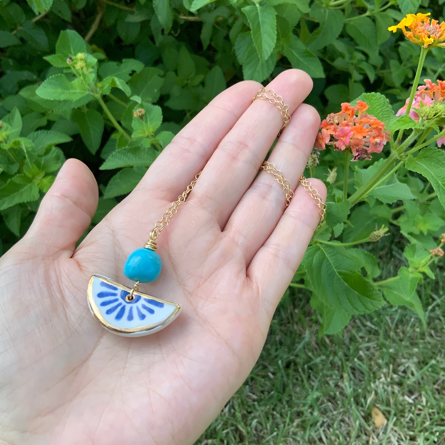 Ceramic Folk Flower and Genuine Turquoise Charm Necklace