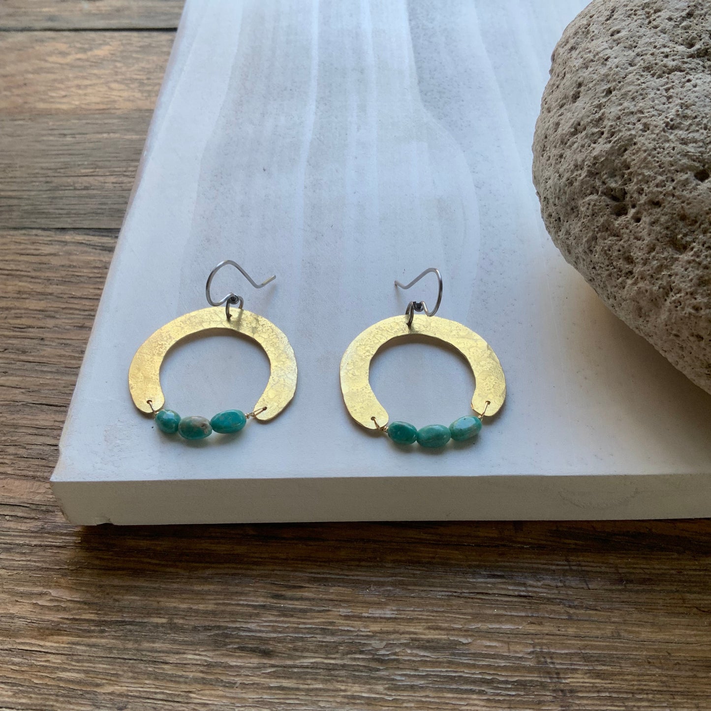 Turquoise Hammered Brass Arch Earrings