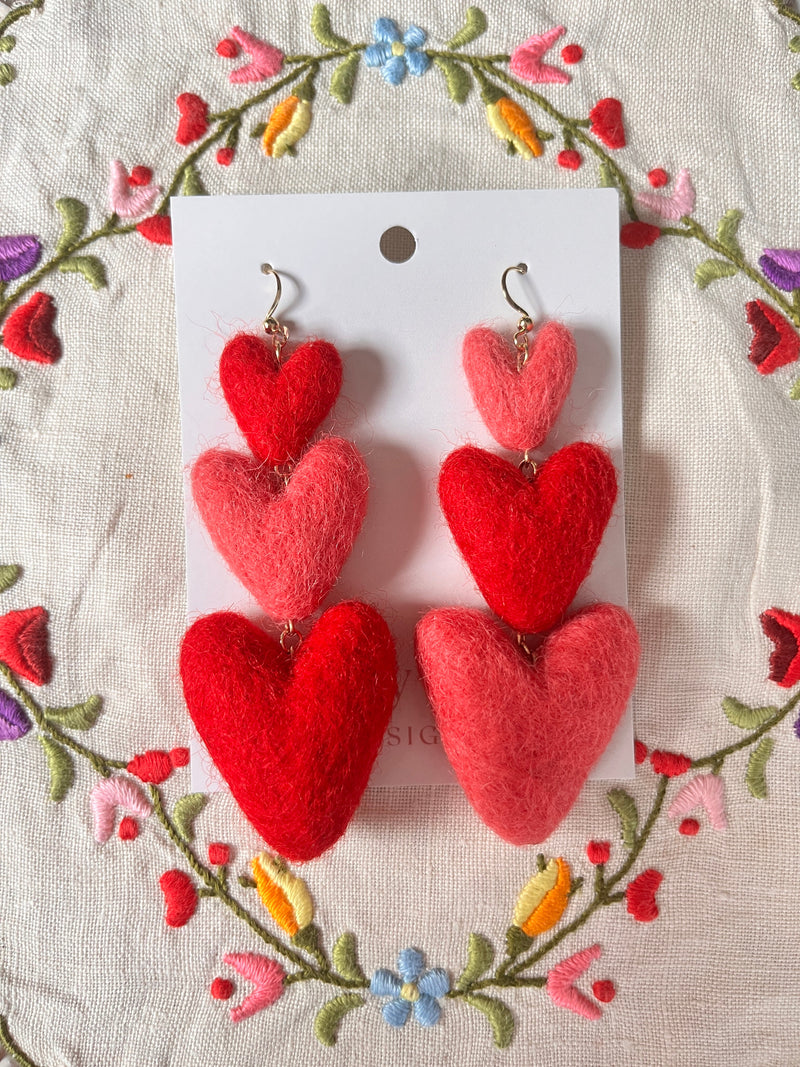 Three Tiered Heart Felt Dangle Earrings-zoom-