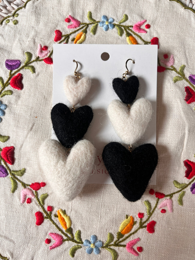 Three Tiered Heart Felt Dangle Earrings-zoom-
