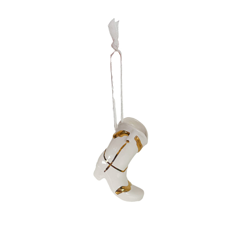 Mini Cowboy Boot Ornament with 22k Gold Details- Snowflake White-zoom-