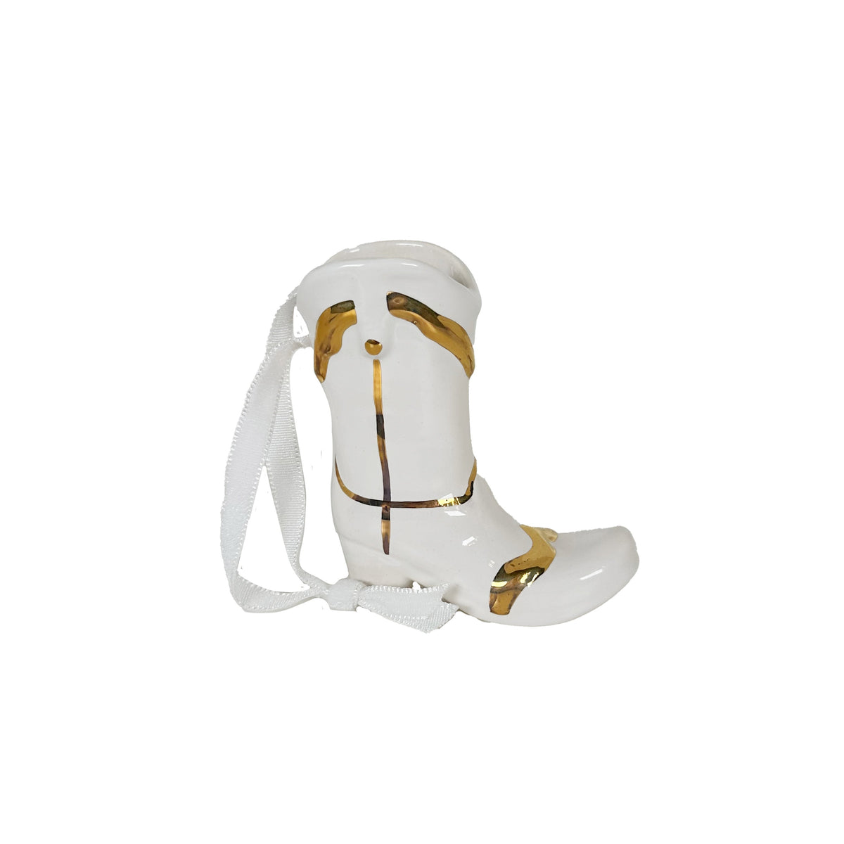 Mini Cowboy Boot Ornament with 22k Gold Details- Snowflake White-zoom-2