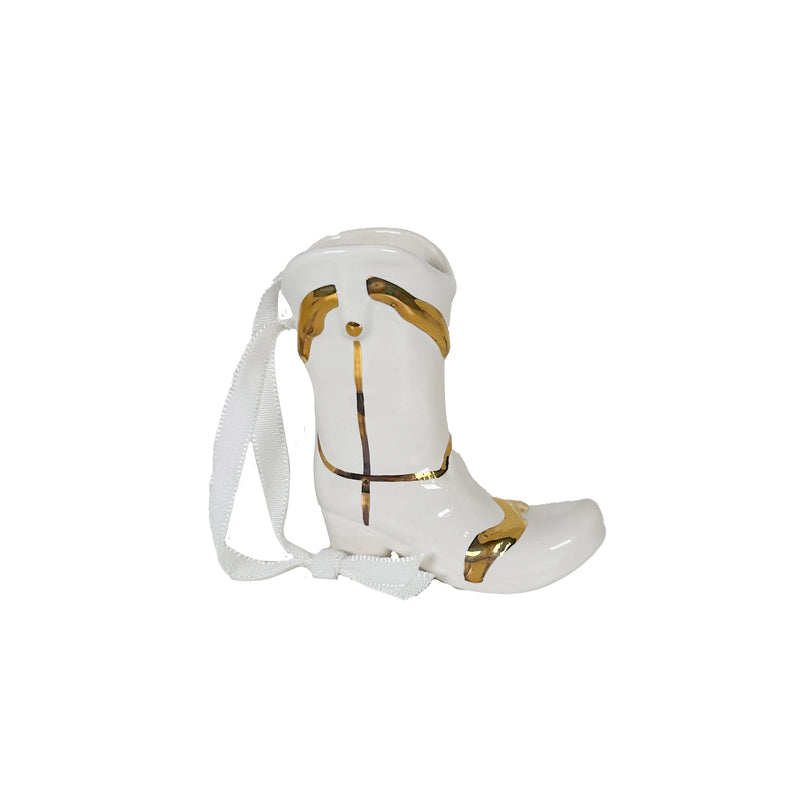 Mini Cowboy Boot Ornament with 22k Gold Details- Snowflake White-zoom-