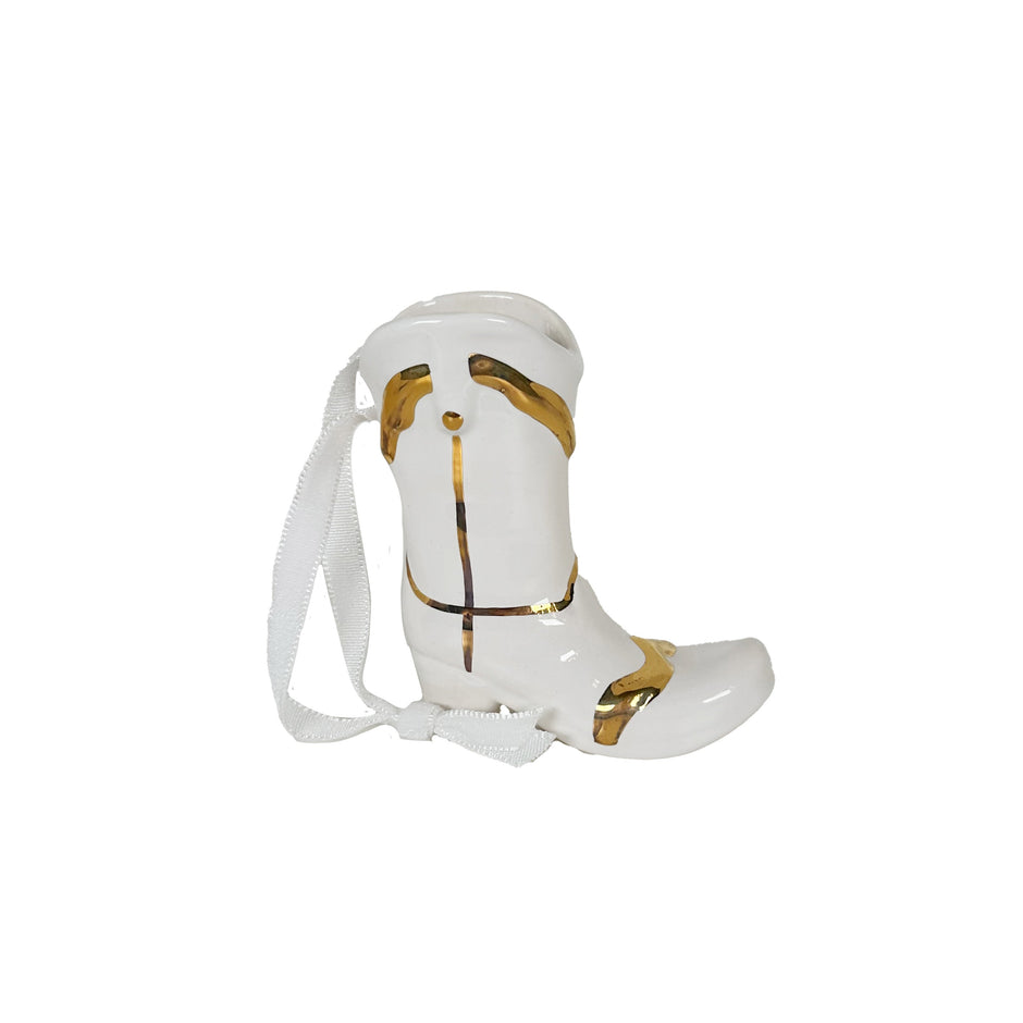 Mini Cowboy Boot Ornament with 22k Gold Details- Snowflake White