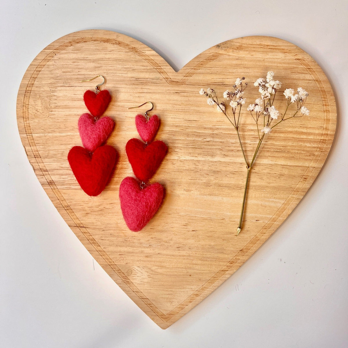 Three Tiered Heart Felt Dangle Earrings - Aware House - Honey Loom Designs -