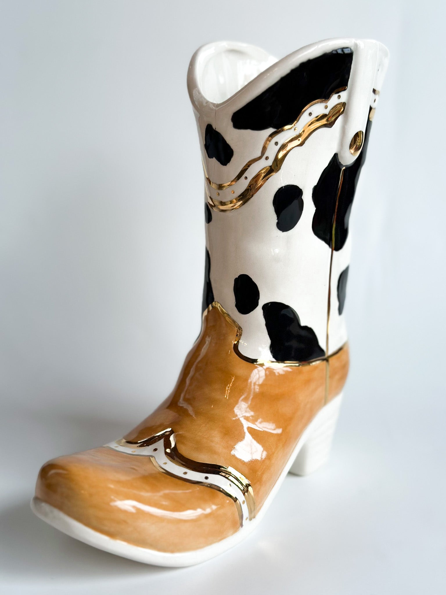 Two Tone Cow Print Cowboy Boot Vase-zoom-1