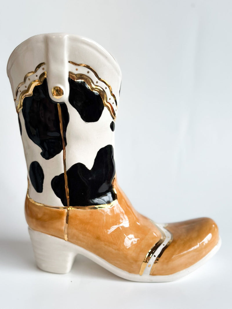 Two Tone Cow Print Cowboy Boot Vase-zoom-