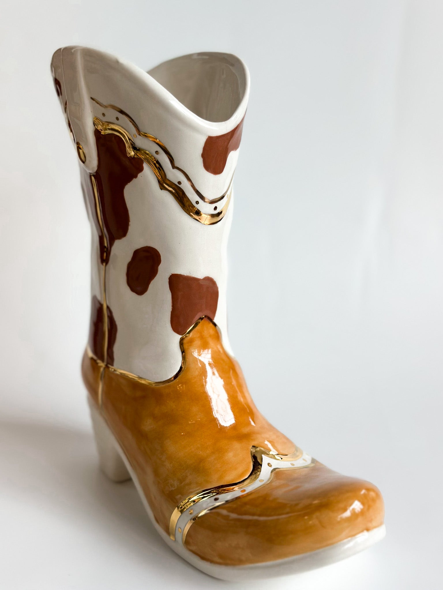 Two Tone Cow Print Cowboy Boot Vase-3