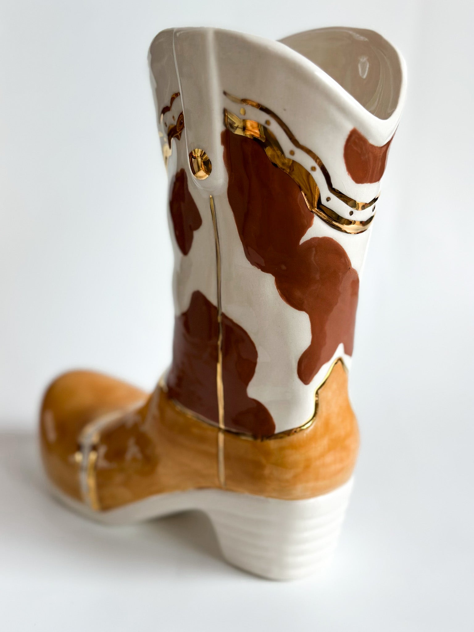 Two Tone Cow Print Cowboy Boot Vase-6