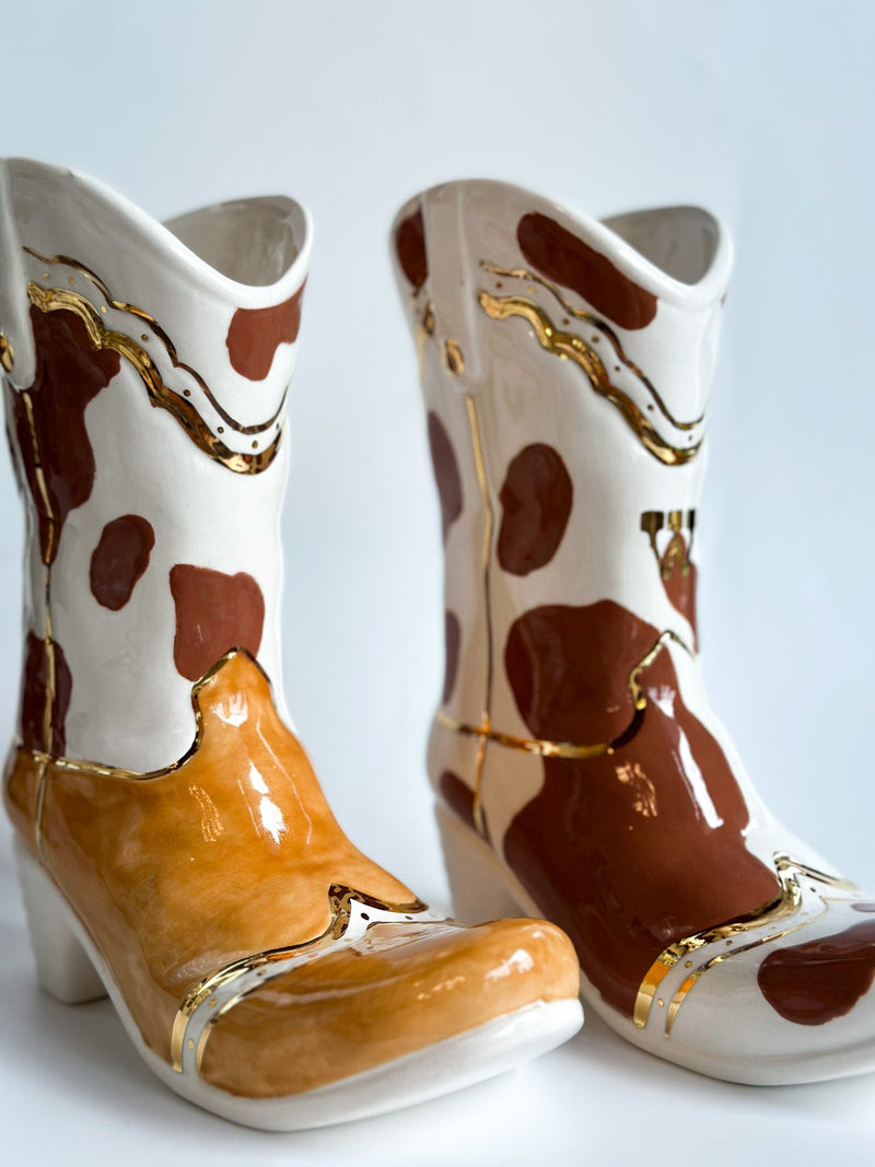 Two Tone Cow Print Cowboy Boot Vase-zoom-