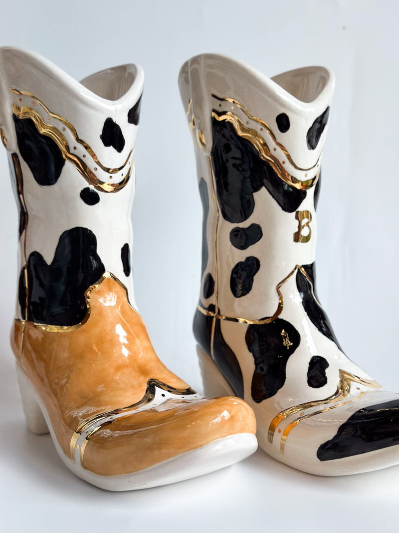Two Tone Cow Print Cowboy Boot Vase-zoom-