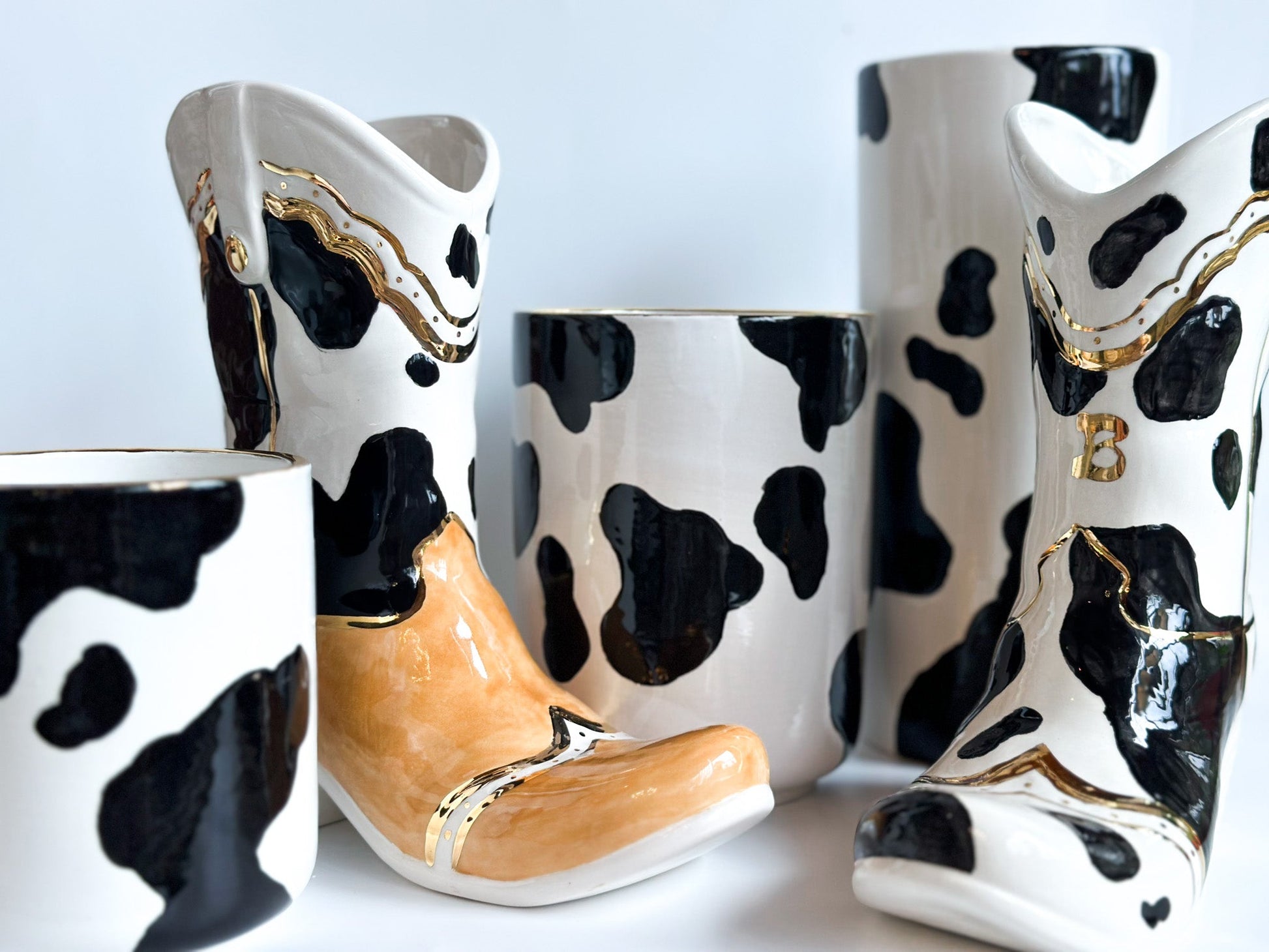 Two Tone Cow Print Cowboy Boot Vase-10