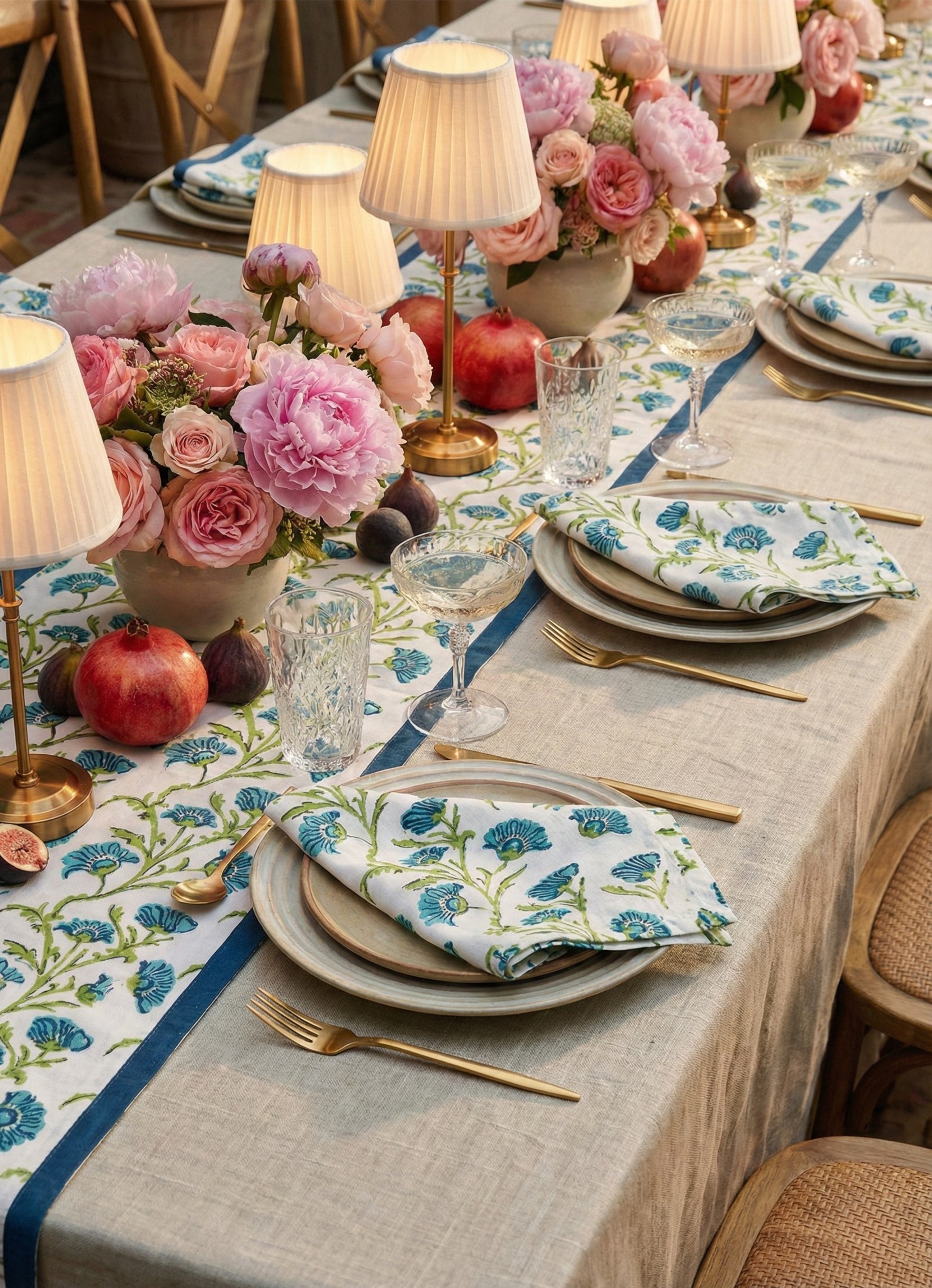 Bella Hand-Printed Linen Table Runner – Olive Green & Blue