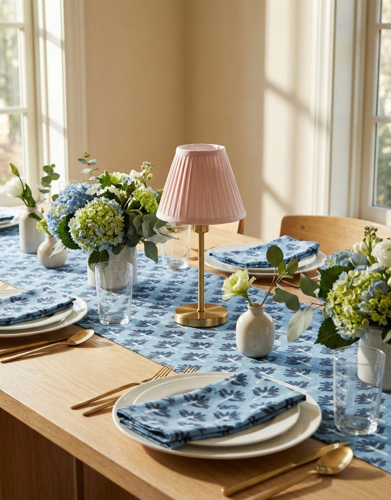 Zeenat Hand-Printed Linen Table Runner – Steel Blue-zoom-