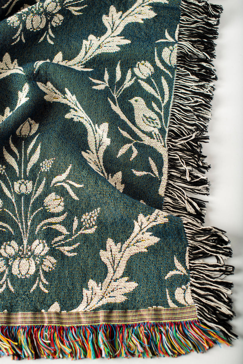 Isobel Thistle Teal Floral Botanical Jacquard Woven Throw Blanket-zoom-