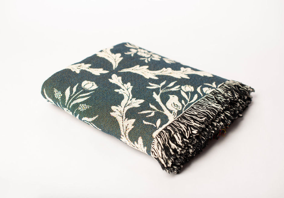 Isobel Thistle Teal Floral Botanical Jacquard Woven Throw Blanket