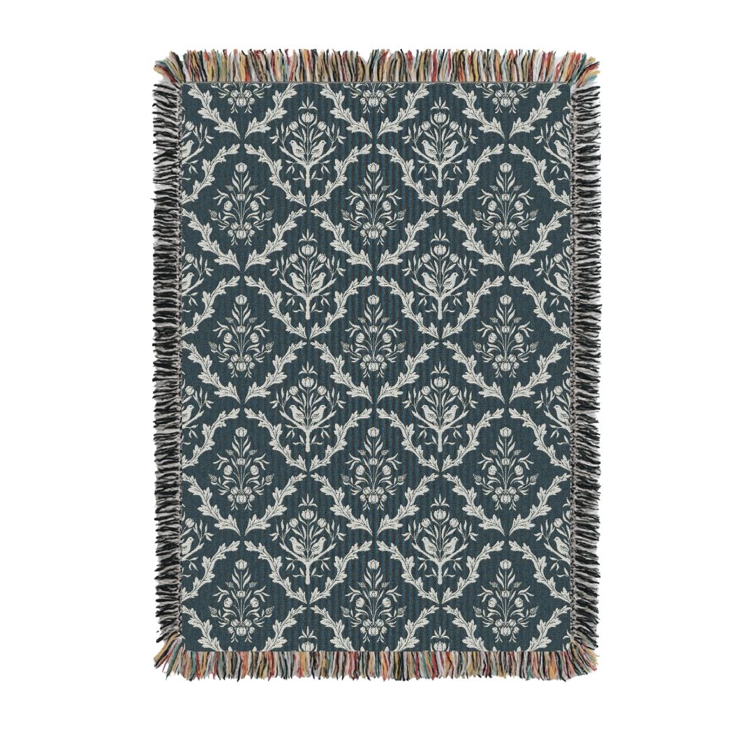 Isobel Thistle Teal Floral Botanical Jacquard Woven Throw Blanket-5