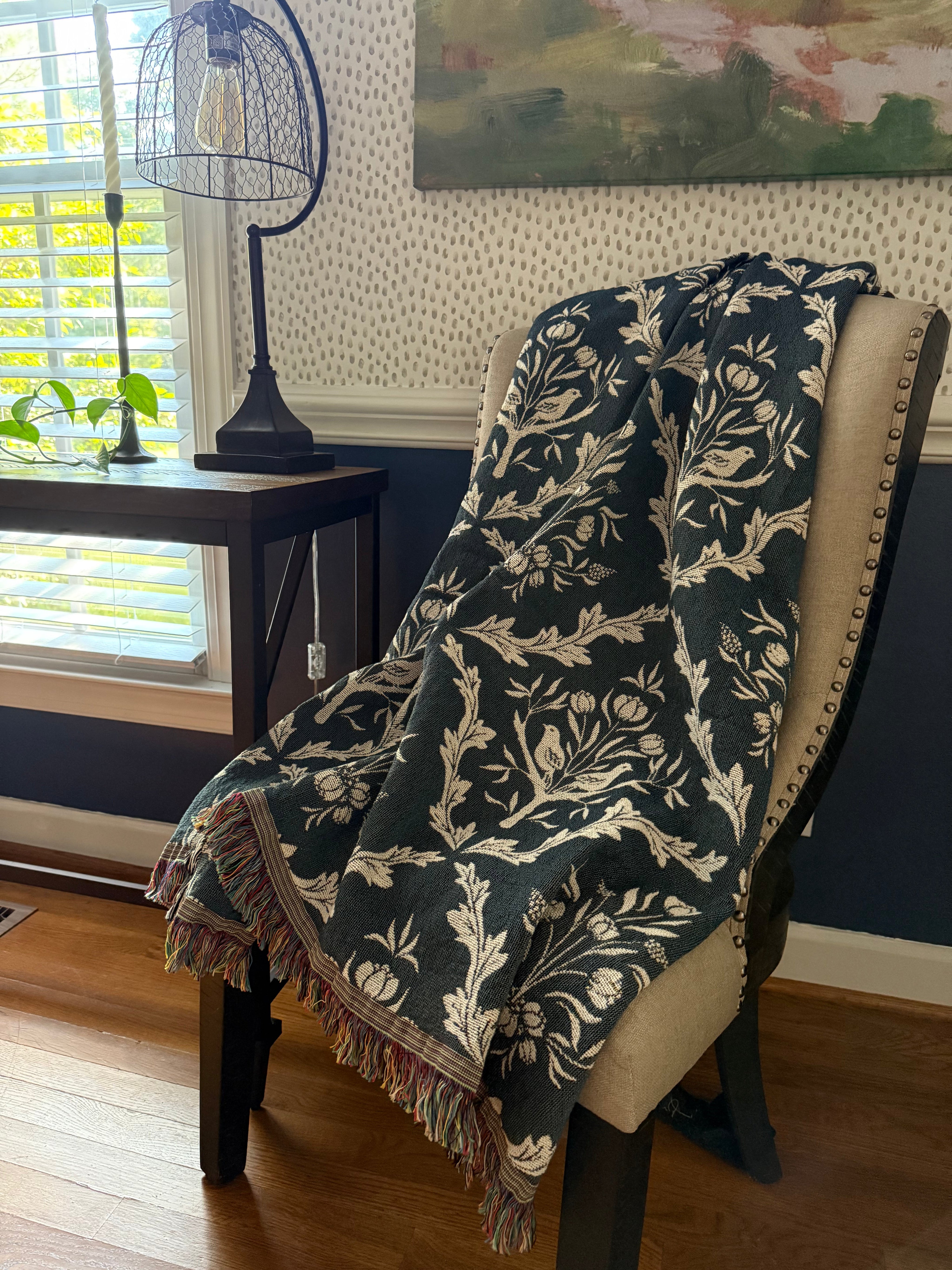 Isobel Thistle Teal Floral Botanical Jacquard Woven Throw Blanket-zoom-2
