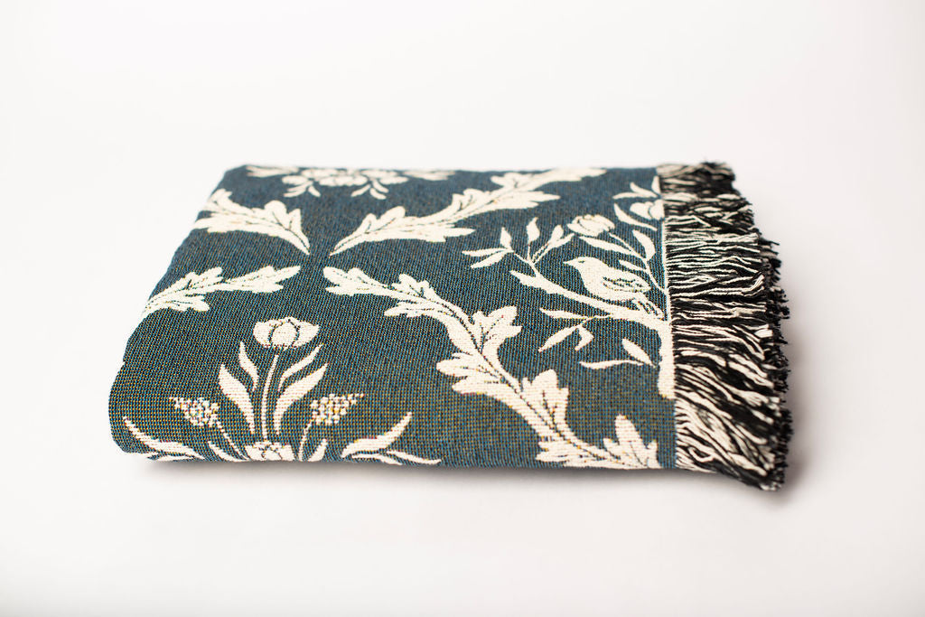Isobel Thistle Teal Floral Botanical Jacquard Woven Throw Blanket-zoom-4