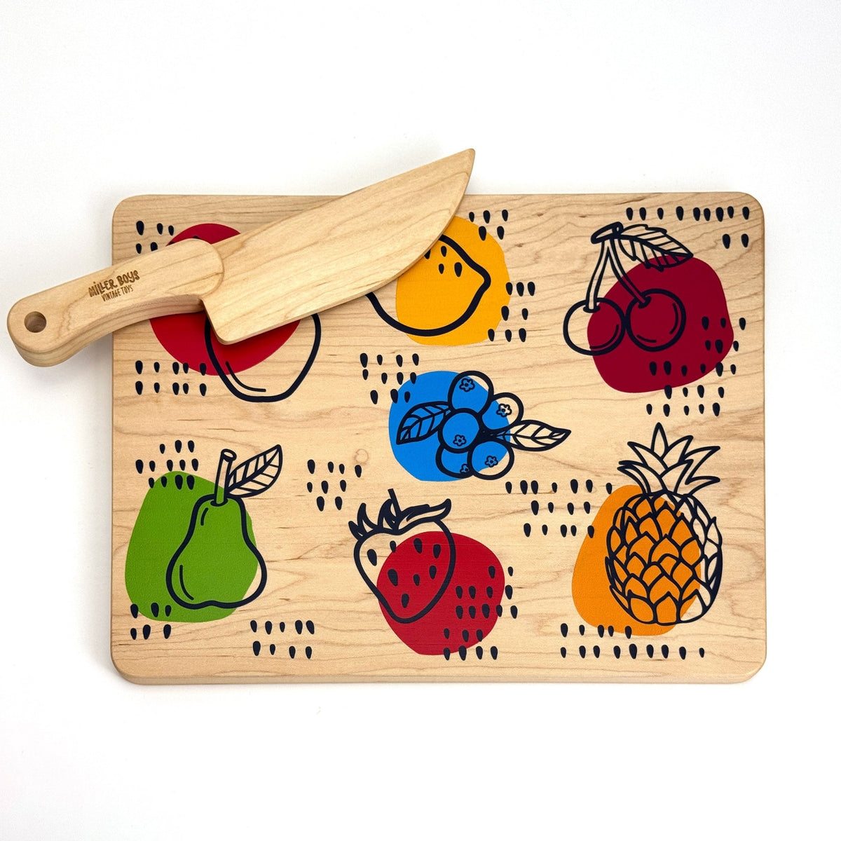 Kid's Chef-in-Training Fruit Wooden Cutting Board with Handcrafted Wooden Knife - Aware House - Miller Boys Vintage Toys -