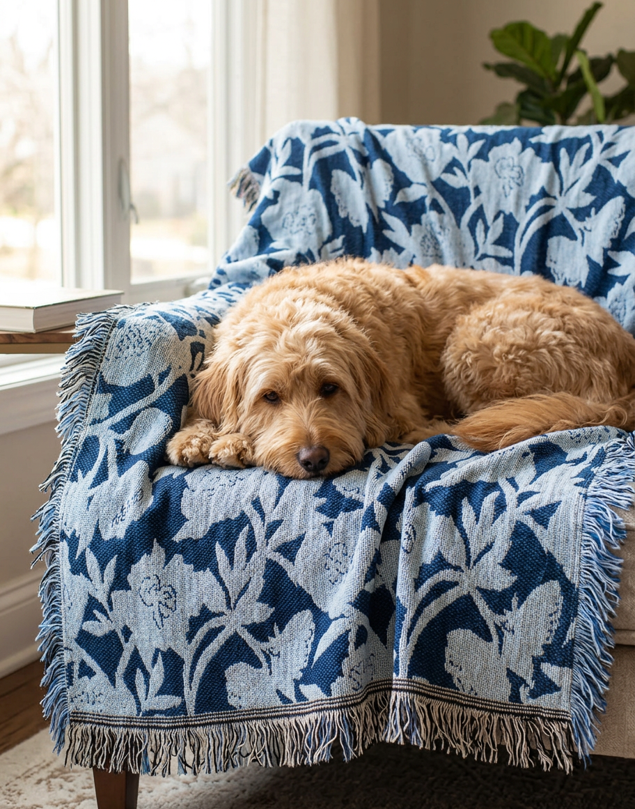 Blue Floral Jacquard Throw Blanket, Reversible Cotton Throw, Made in USA