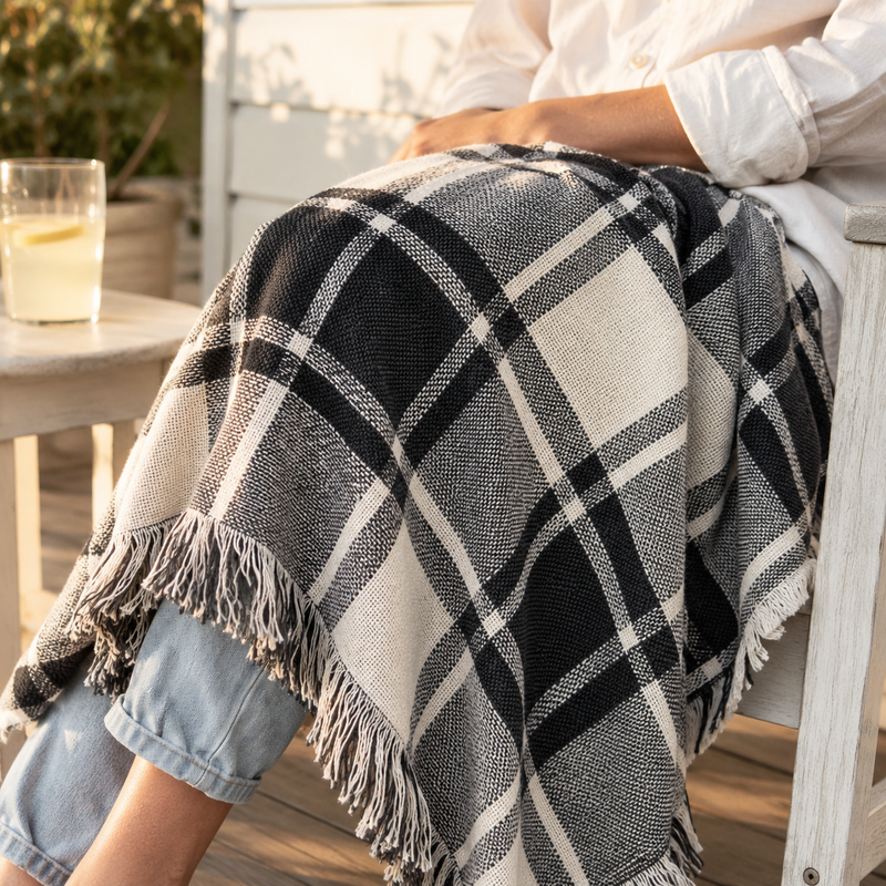 Ellis Black and White Plaid Jacquard Woven Throw Blanket-zoom-