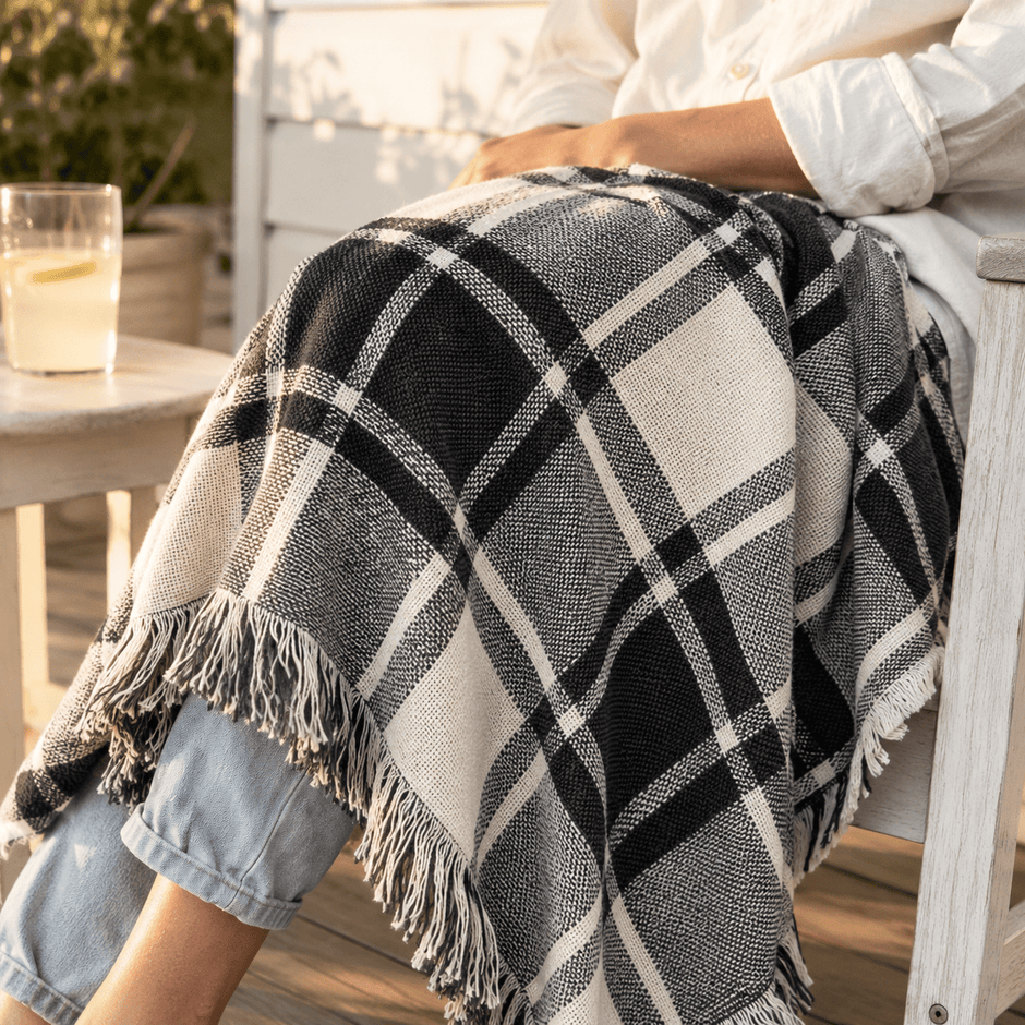 Ellis Black and White Plaid Jacquard Woven Throw Blanket - Aware House - Kindly Woven -