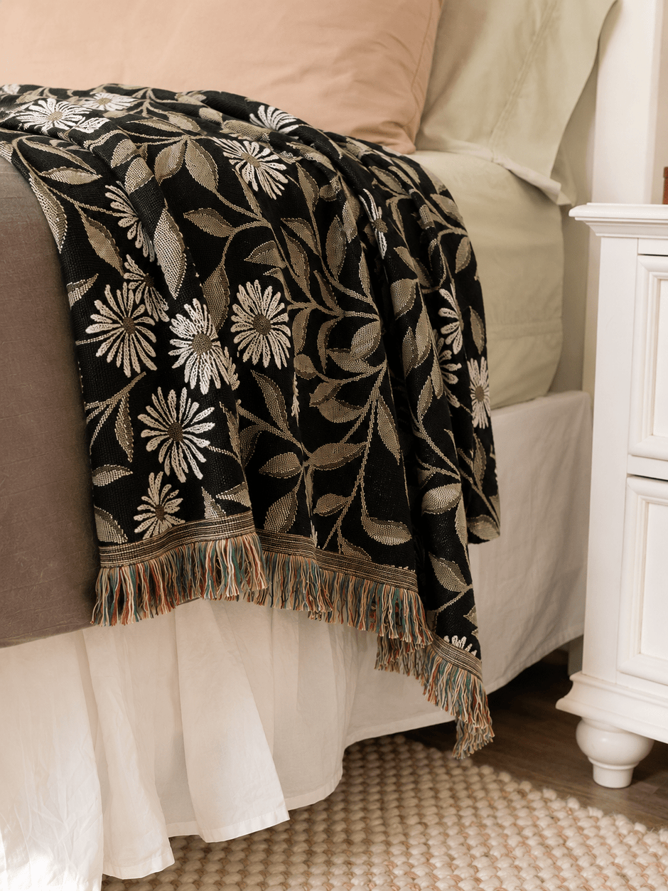 May Bramble Black and Gold Floral Botanical Jacquard Woven Throw Blanket - Aware House - Kindly Woven -