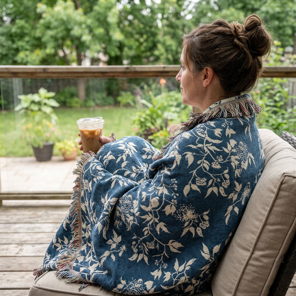 Wren Tidesong Teal Bird and Botanical Jacquard Woven Throw Blanket, 100% Cotton, Made in USA-2
