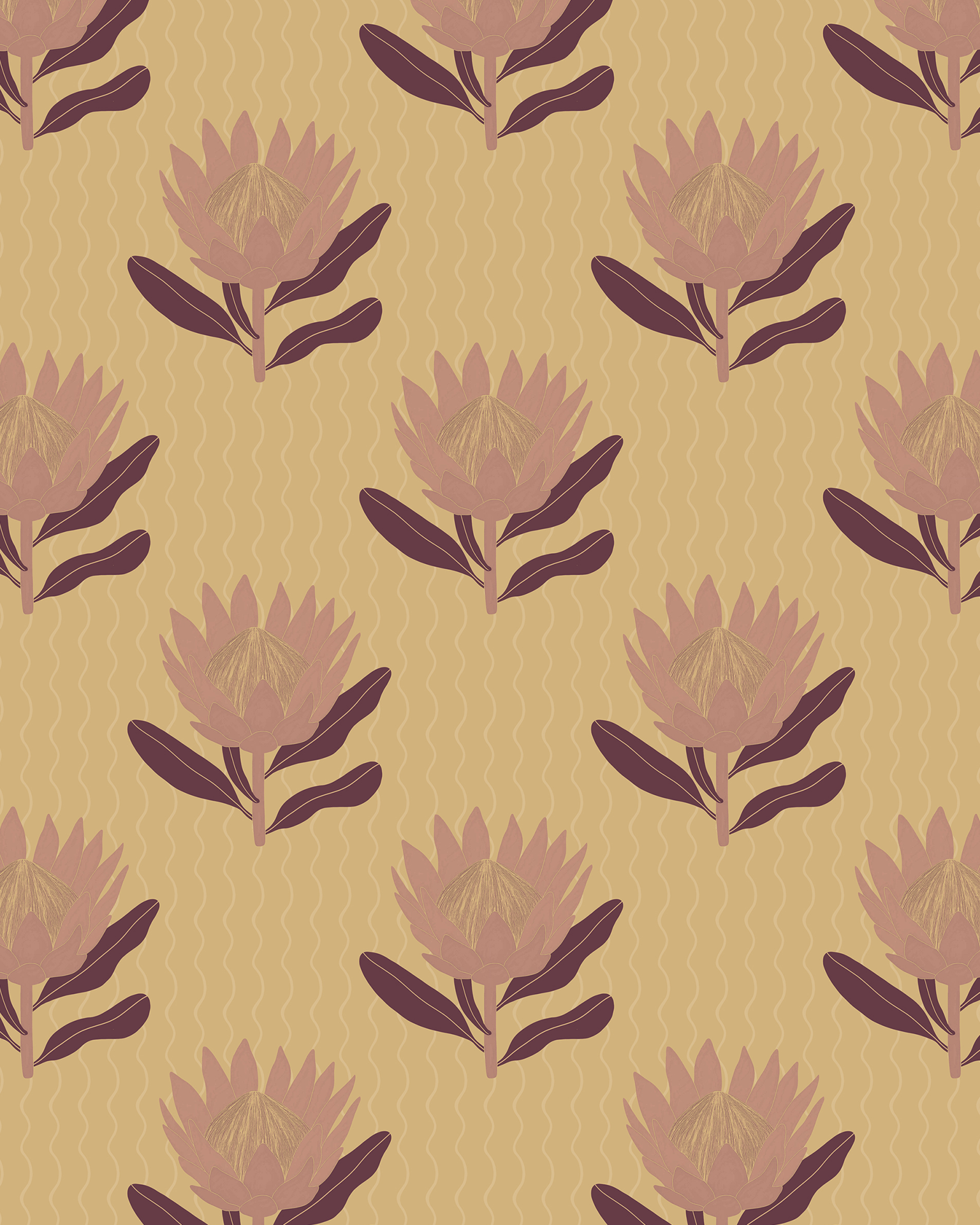 King Protea Wallpaper, butter yellow and mauve