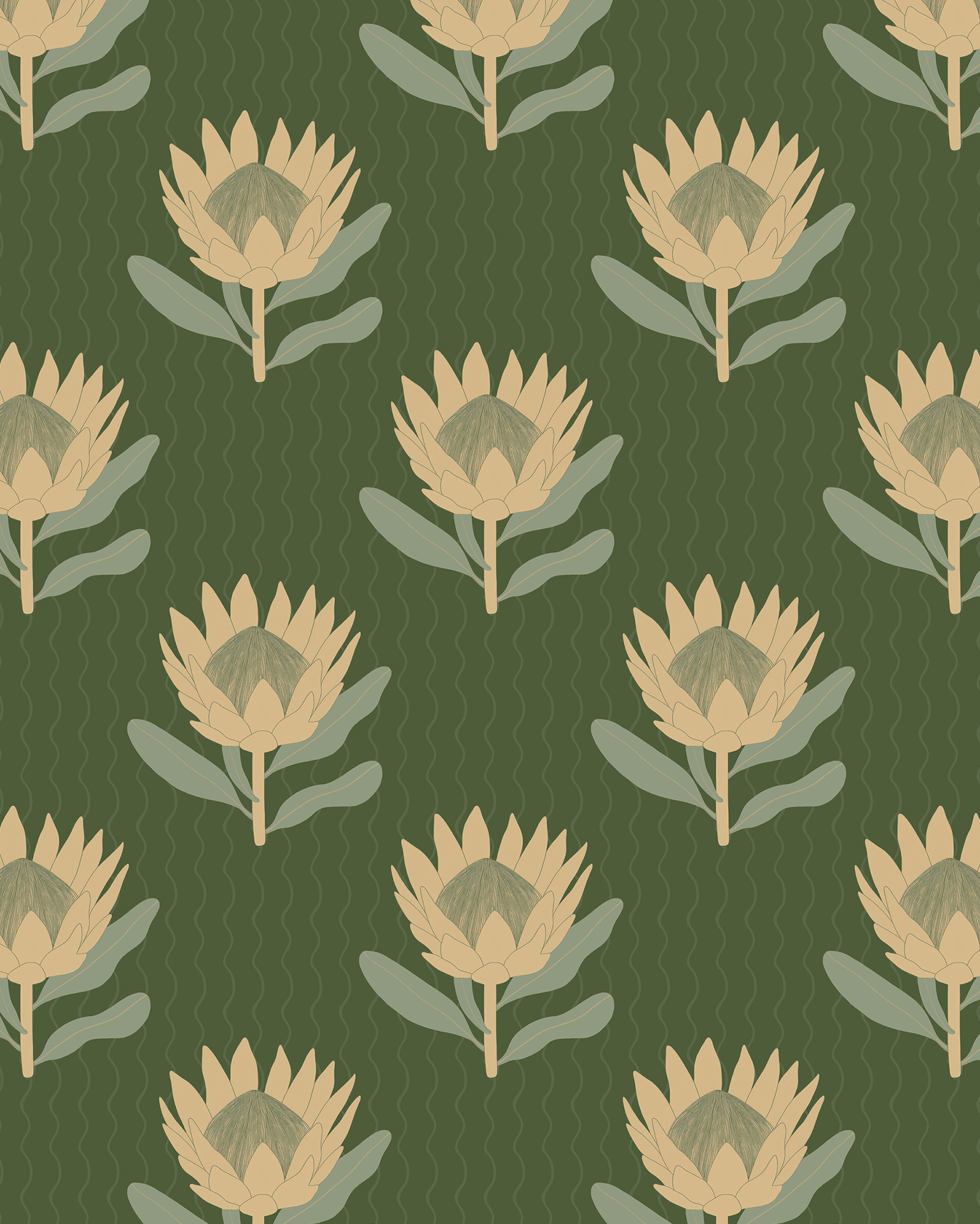 King Protea Wallpaper, forest green and butter yellow-2