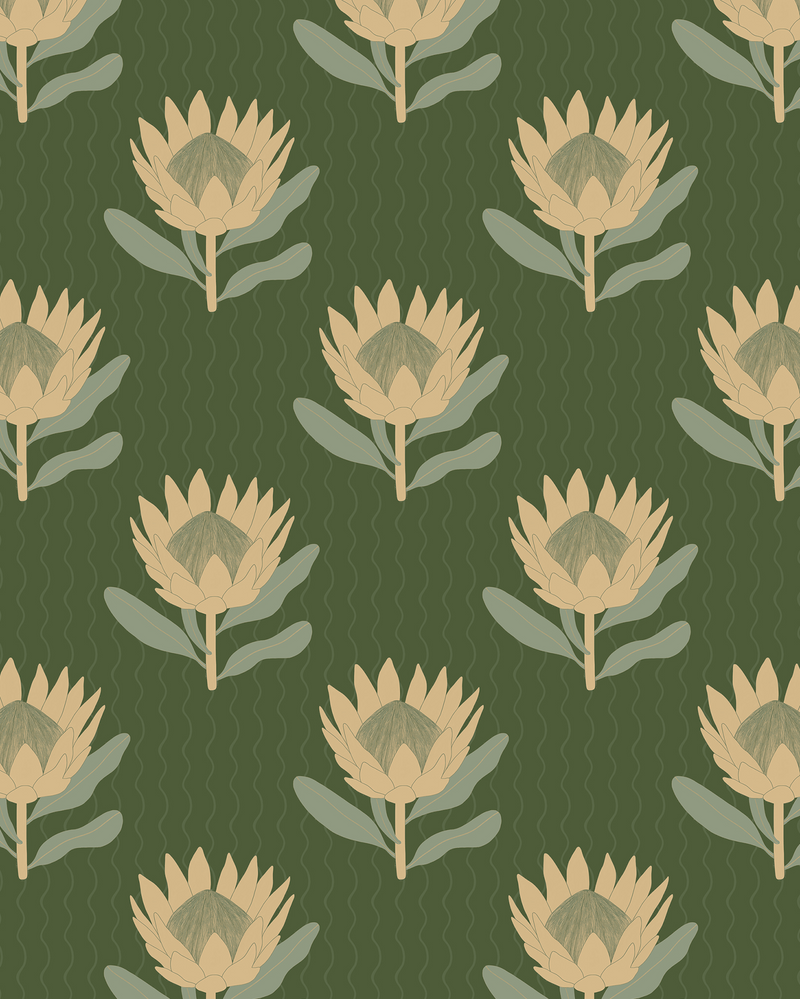 King Protea Wallpaper, forest green and butter yellow-zoom-