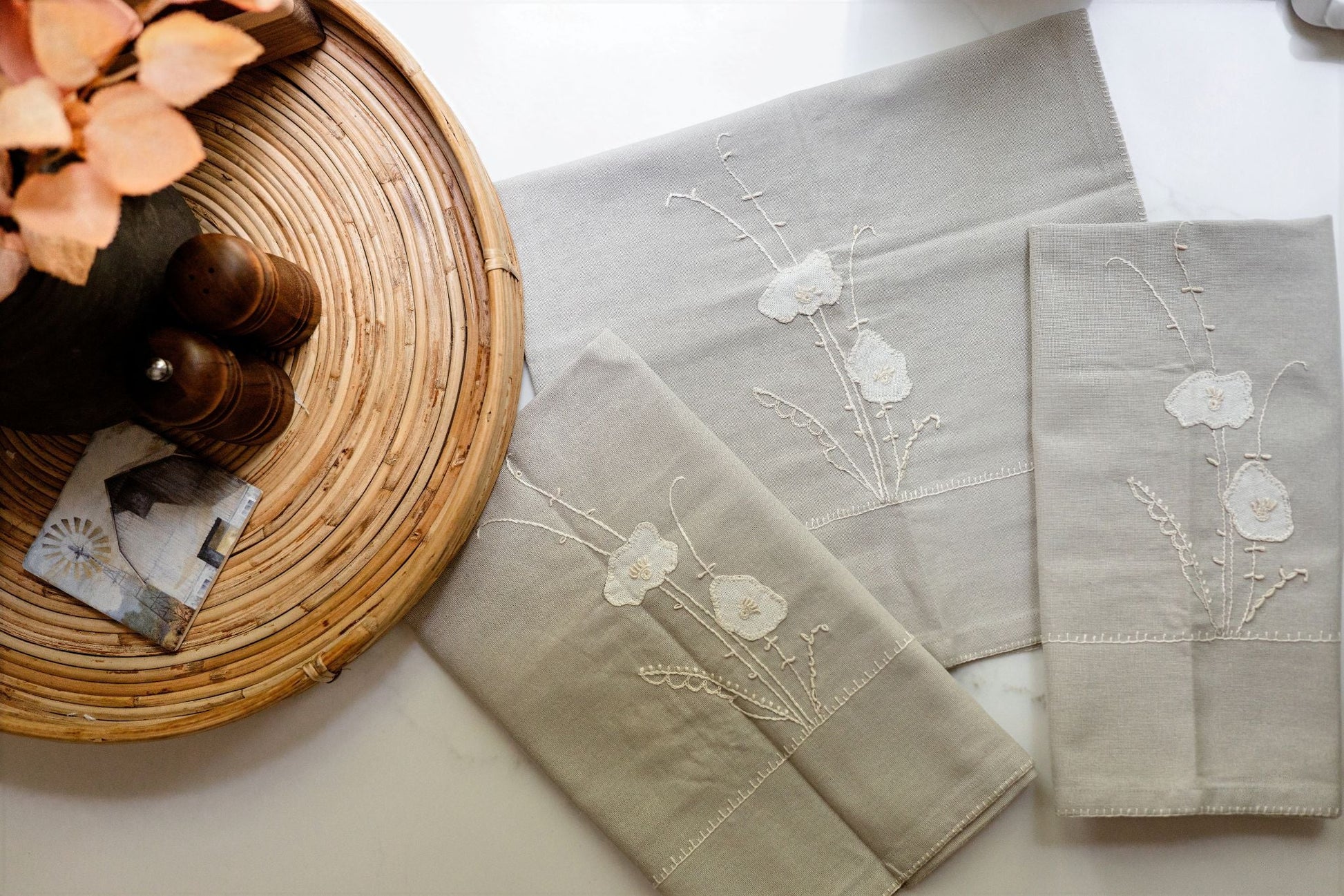 Petal Poise Embroidered Tea Towels | Set of Two-1