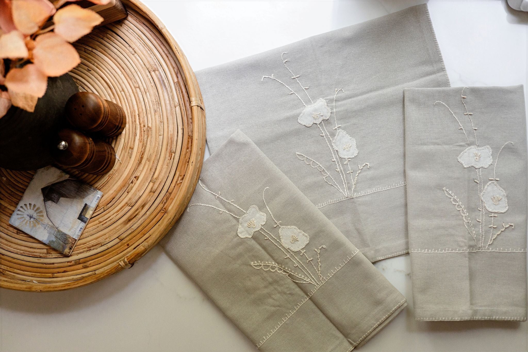 Petal Poise Embroidered Tea Towels | Set of Two