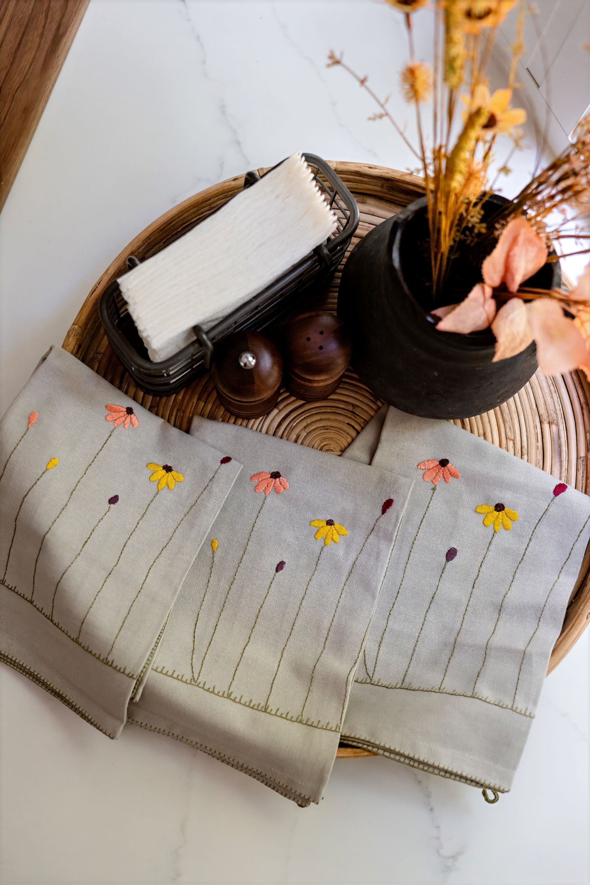 Sunlit Blooms Embroidered Tea Towels Set of 2