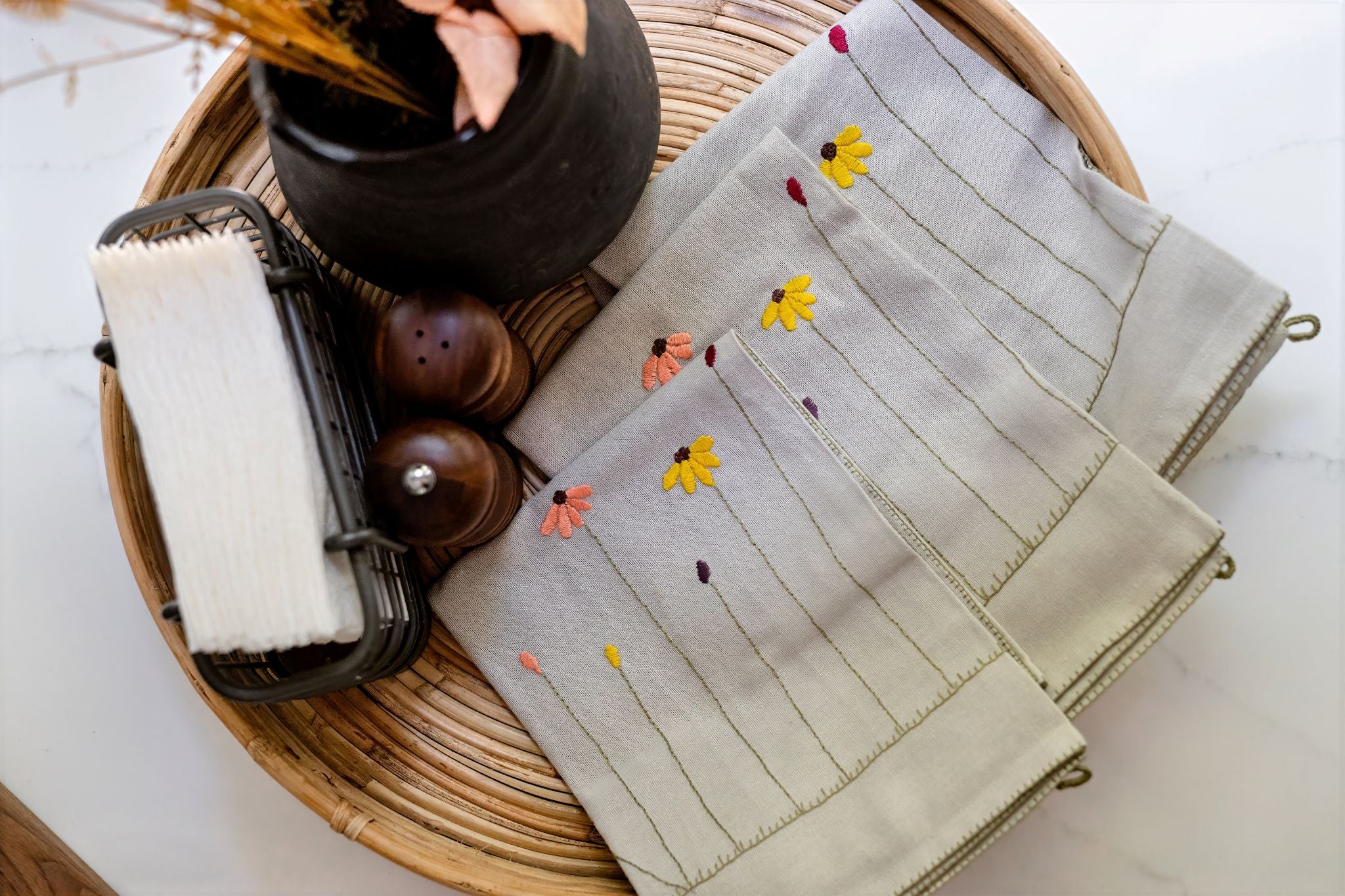 Sunlit Blooms Embroidered Tea Towels Set of 2